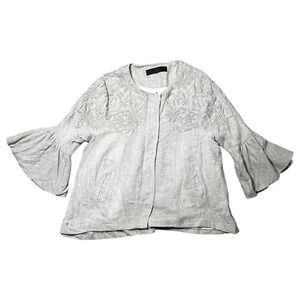 Zara Embroidered Wool Swing Jacket Size Small Zip Front Bell Sleeve Collarless